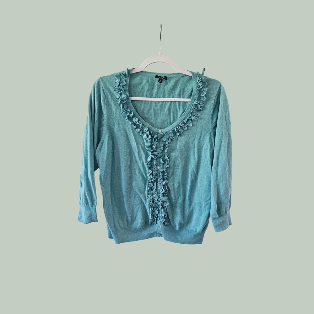 Talbots Aqua Blue Linen Cotton Ruffle V-Neck Cardigan Sweater XL